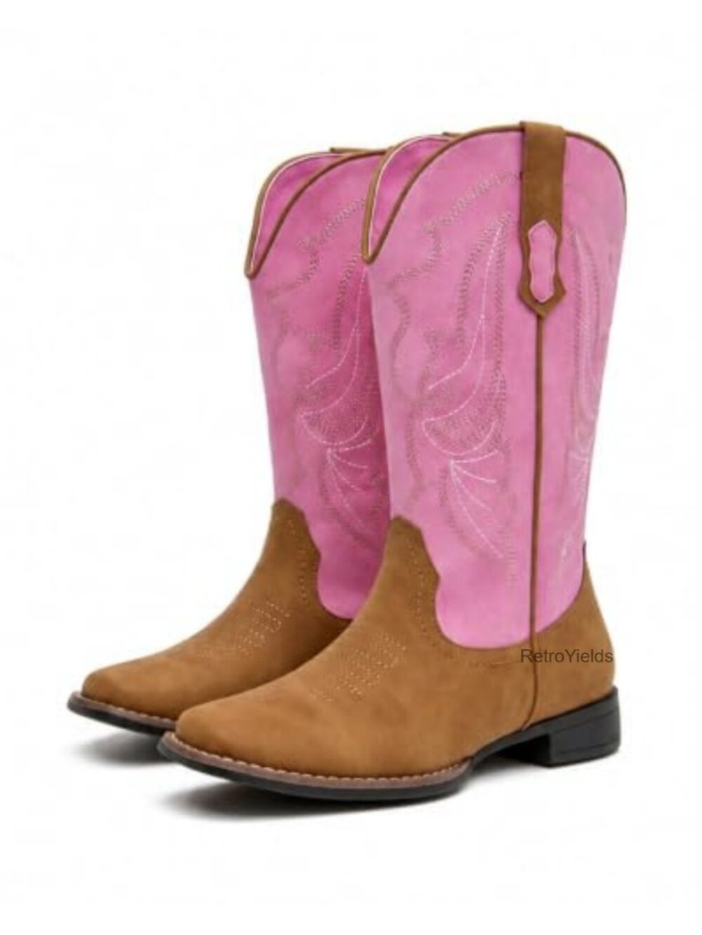 Women's Cowboy Boots Mid Calf Embroidered Square Toe Pull-On